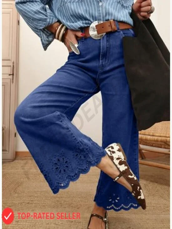 Wide Leg Embroidered Jeans High Waisted Stretchy Straight Leg Loose Fit Denim - Picture 2 of 4